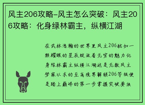 风主206攻略-风主怎么突破：风主206攻略：化身绿林霸主，纵横江湖